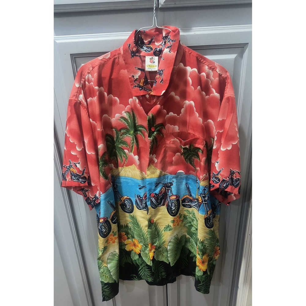 Vintage Rima Casual Camp Shirt Red Chopper Biker Beach Tropical Size XL